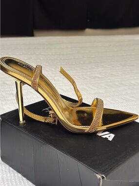 Fashion Nova Metallic Gold Rhinestone Strappy Stiletto Heels
